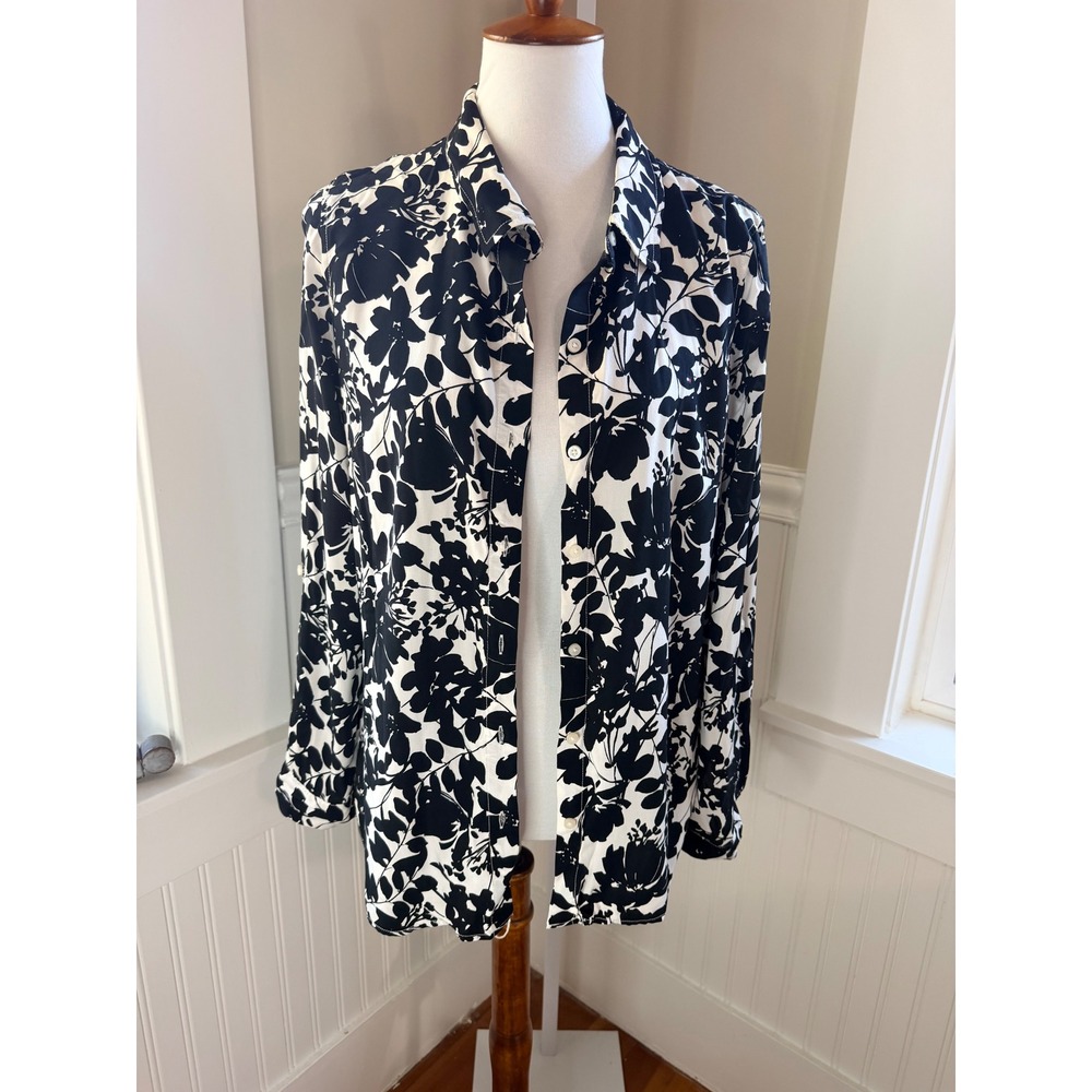 Tommy Hilfiger Floral Viscose Button Down Shirt Black White Size M